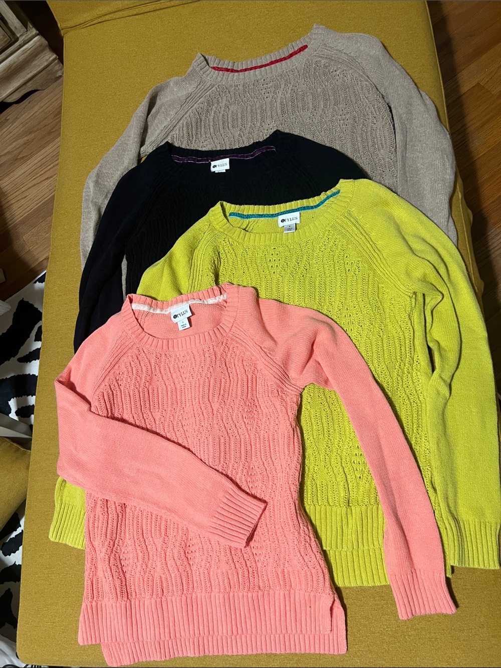 STYLUS Coral Pink Cable-Knit Crewneck Sweater.  Black, beige, chartreuse, coral.